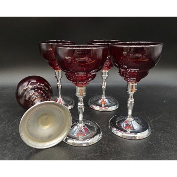 Moondrop Ruby Red Glass Cordial W/ Metal chrome Stem Martinsville Set 5 - Picture 6 of 12